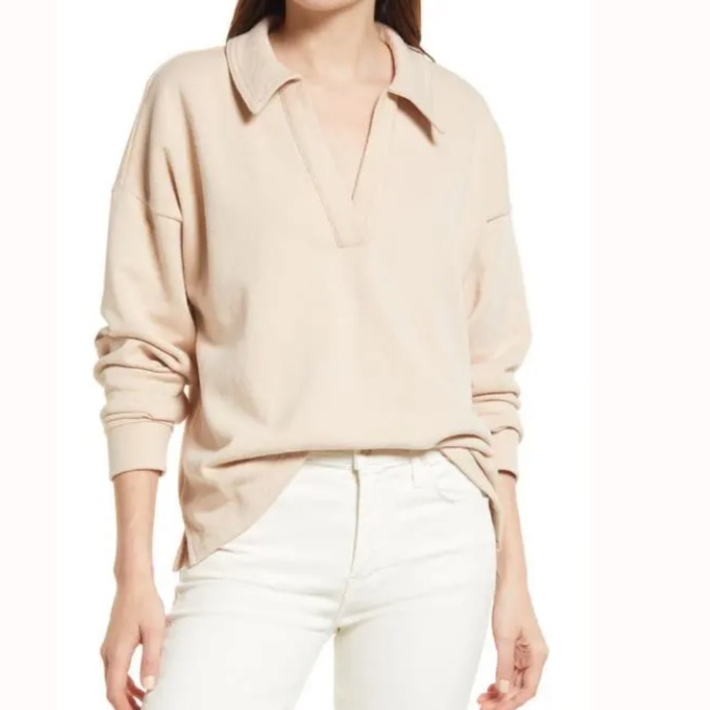 Madewell Polo Cotton Hemp Blend Oversized Sweatshirt Avalon Pink